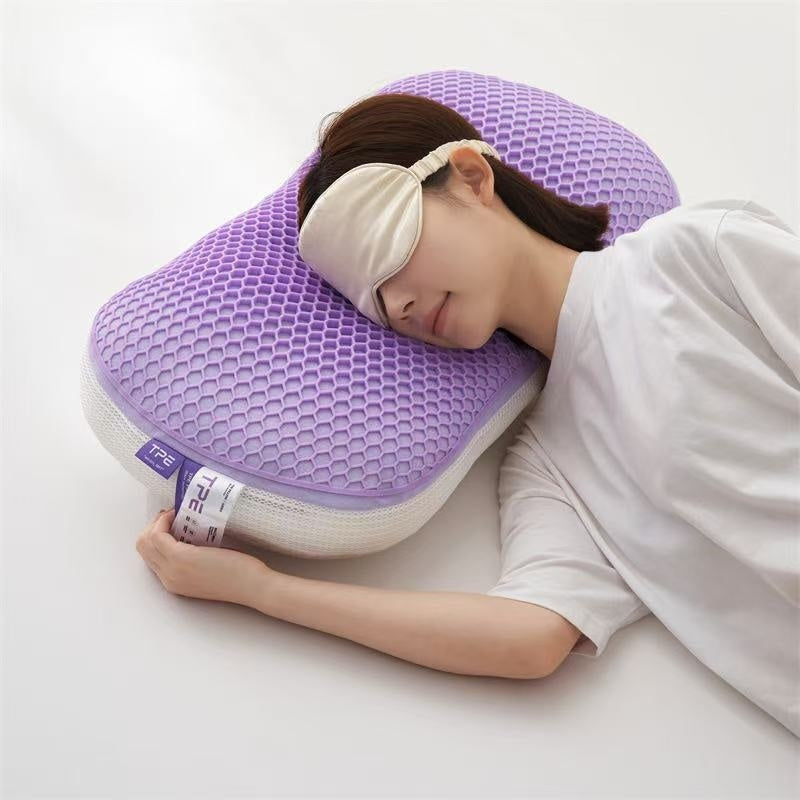 Washable TPE pressure release pillow in purple with honeycomb design, featuring soft feather velvet filling, suitable for adults.