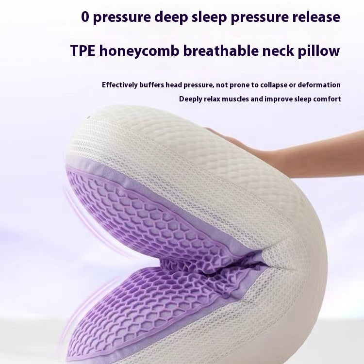 Washable TPE pressure release pillow with breathable honeycomb design and purple highlights.