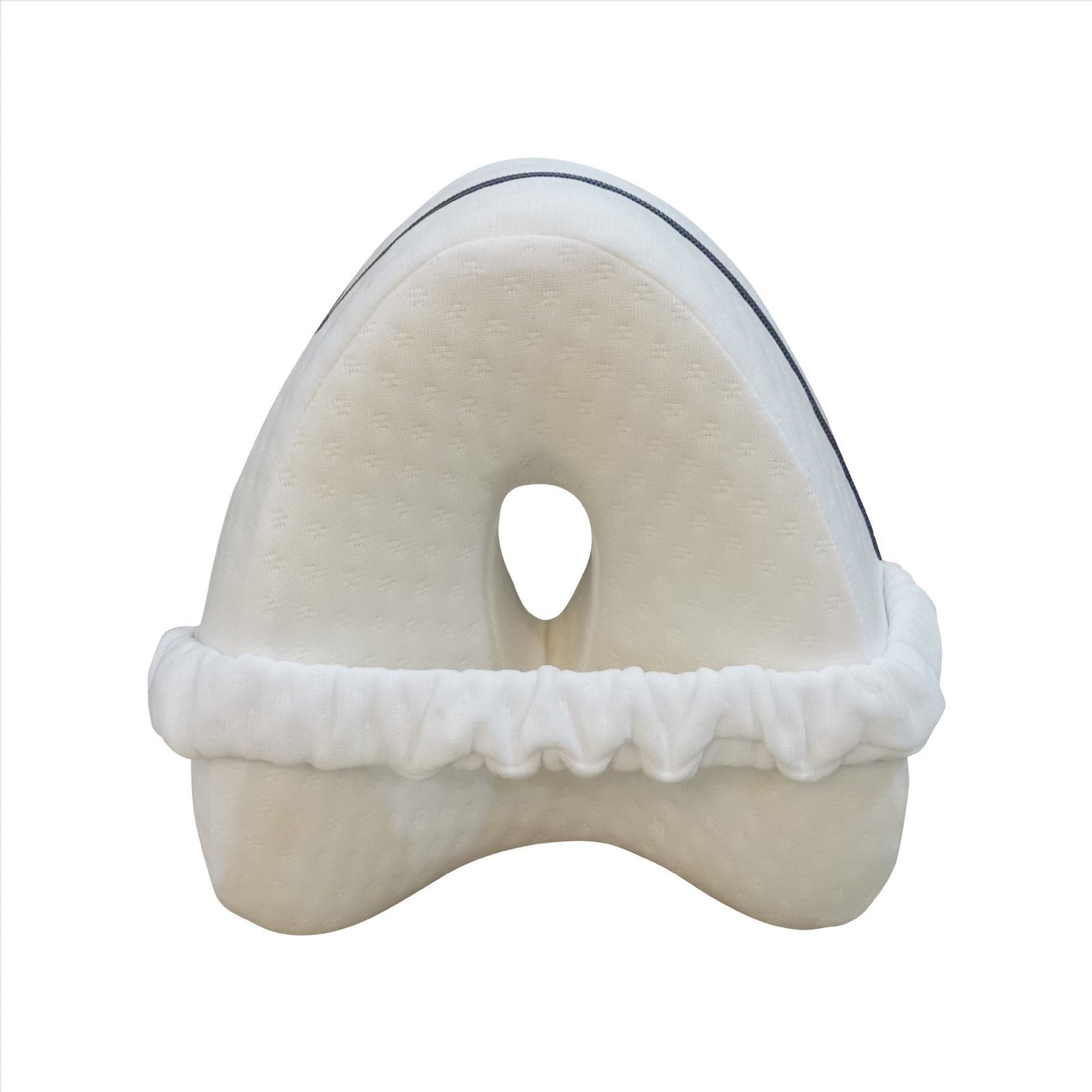 Zero pressure memory foam leg lock pillow in white with elastic strap for knee support