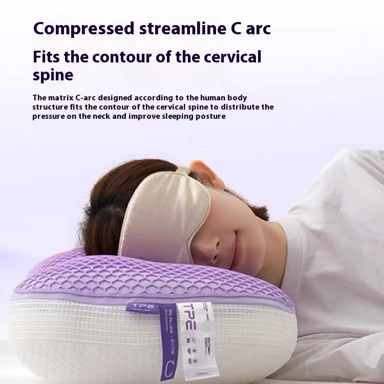 Washable TPE pressure release pillow with streamline C arc design for cervical spine support.