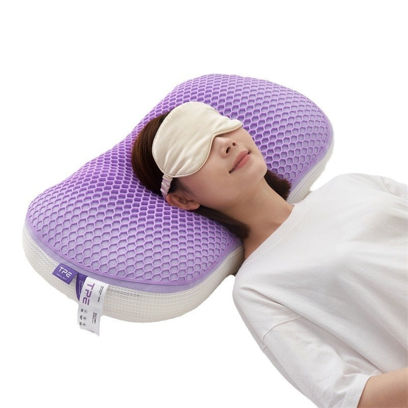 Washable TPE pressure release pillow in purple, featuring a honeycomb design for deep sleep.