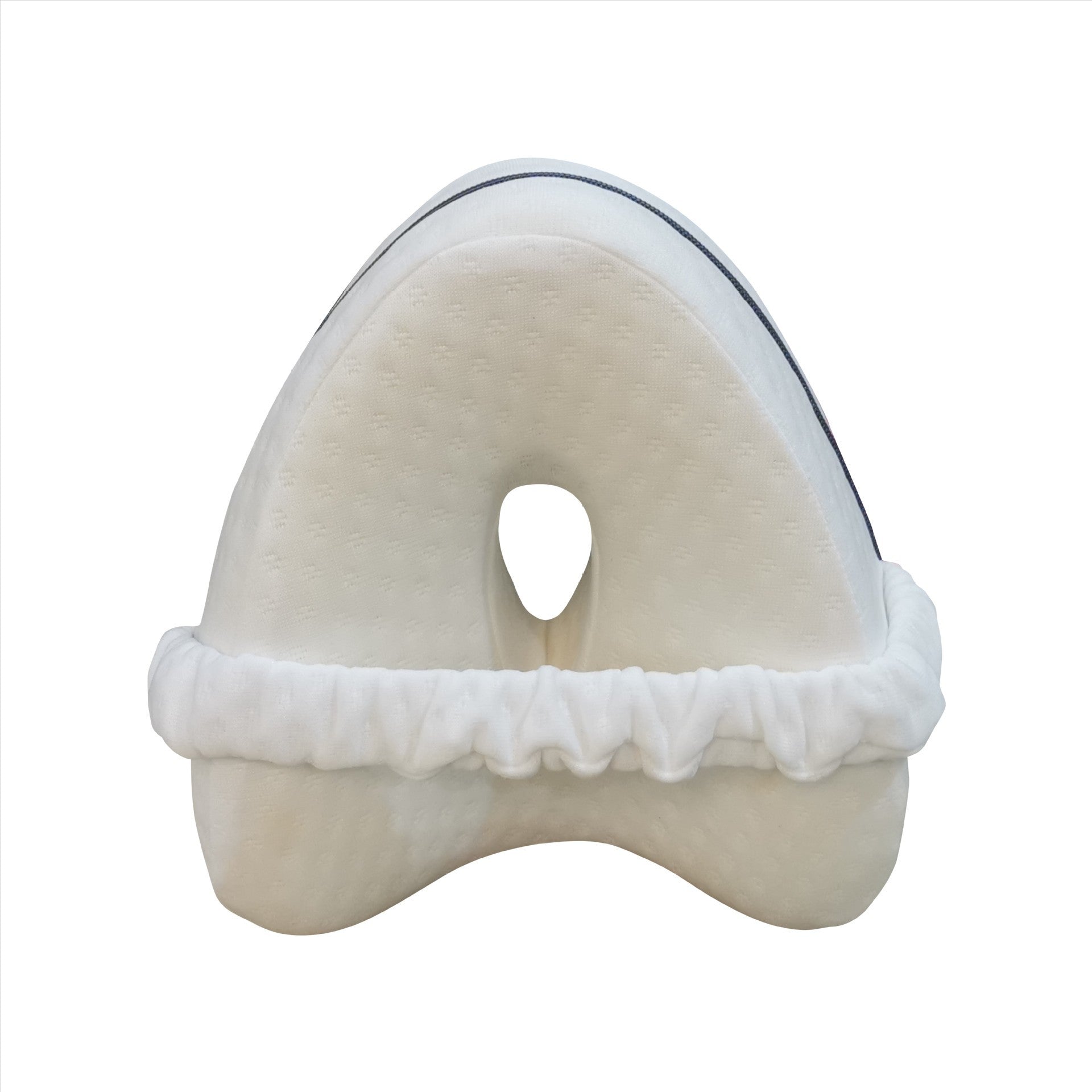 Zero pressure memory foam leg lock pillow in white with elastic strap for knee support