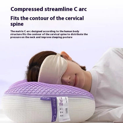 Washable TPE pressure release pillow with streamline C arc design for cervical spine support.